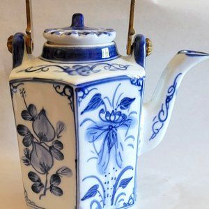 Antique Hexagon China Blue and White Porcelain Hand Painted Teapot